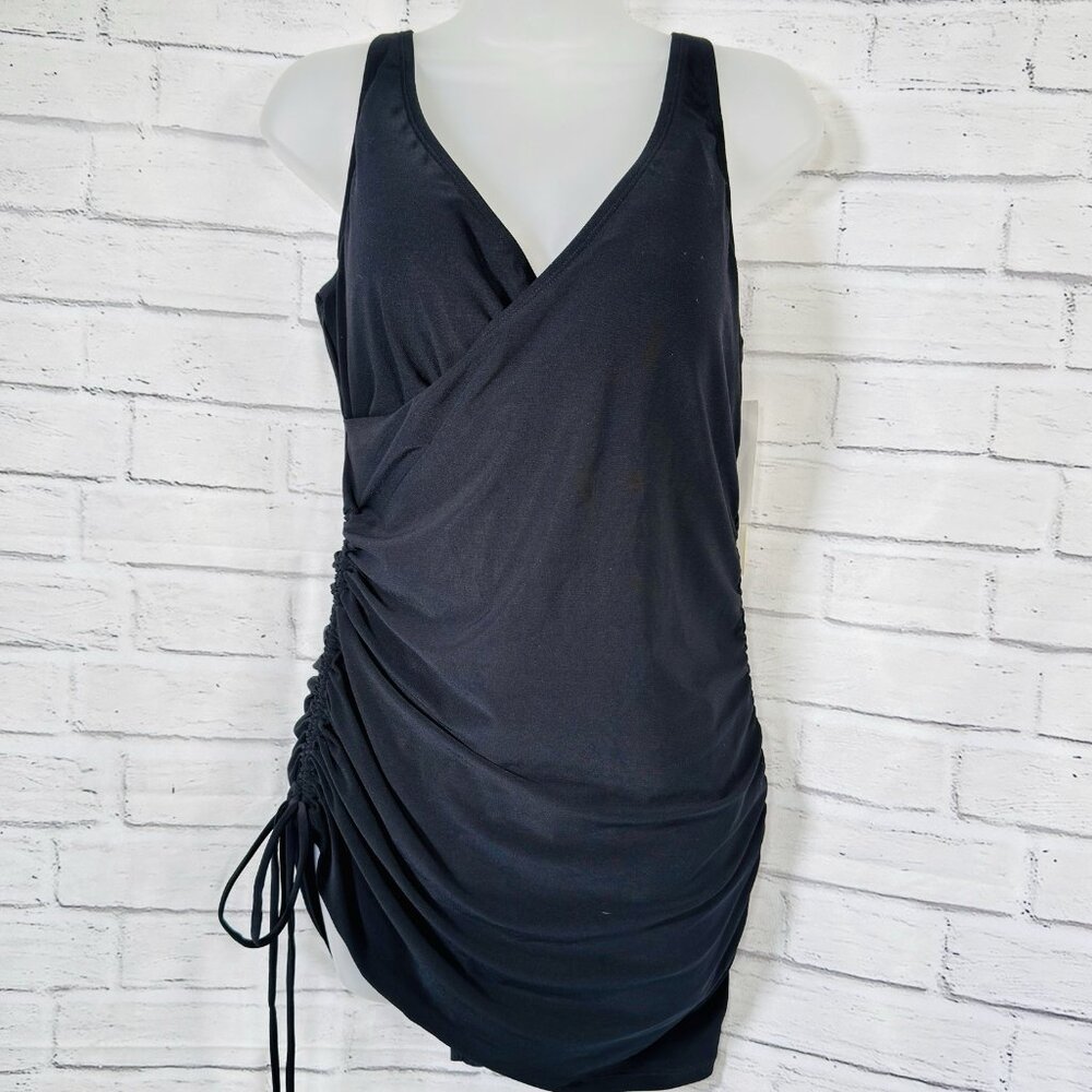 Beyond Control Women's Solid Black V-Neck Adjustable Swimdress Swimsuit Size 14